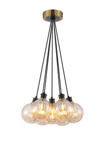 Salas 1.3m Round Cluster Pendant, 7 Light E14 With 15cm Round Segment Glass Shade, Brass, Amber Plated & Satin Black