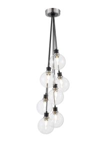 Salas 1.3m Round Cluster Pendant, 7 Light E14 With 15cm Round Glass Shade, Satin Nickel, Clear & Satin Black