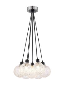 Salas 1.3m Round Cluster Pendant, 7 Light E14 With 15cm Round Textured Crumple Glass Shade, Satin Nickel, Clear & Satin Black