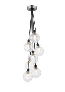 Salas 1.3m Round Cluster Pendant, 7 Light E14 With 15cm Round Segment Glass Shade, Satin Nickel, Clear & Satin Black