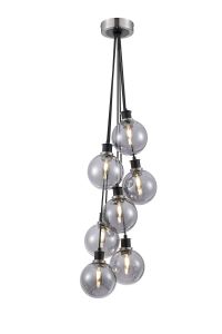 Salas 1.3m Round Cluster Pendant, 7 Light E14 With 15cm Round Glass Shade, Satin Nickel, Smoke Plated & Satin Black