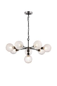 Salas 84cm Pendant, 8 Light E14 With 15cm Round Textured Crumple Glass Shade, Satin Nickel, Clear & Satin Black