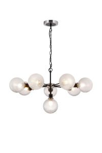 Salas Pendant, 8 Light E14 With 15cm Round Dimpled Glass Shade, Satin Nickel, Clear & Satin Black