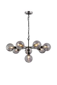 Salas Pendant, 8 Light E14 With 15cm Round Double Textured Smooth / Ribbed Glass Shade, Satin Nickel, Smoke Plated & Satin Black