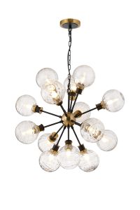 Salas Pendant, 14 Light E14 With 15cm Round Textured Melting Glass Shade, Brass, Clear & Satin Black