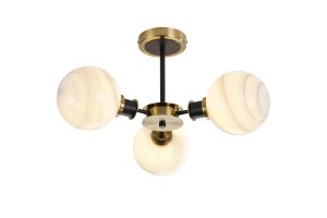 Salas Semi Ceiling, 3 Light E14 With 15cm Round White & Grey Marble Effect Glass Shade, Brass & Satin Black Framework