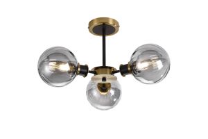 Salas Semi Ceiling, 3 Light E14 With 15cm Round Segment Glass Shade, Brass, Smoke Plated & Satin Black