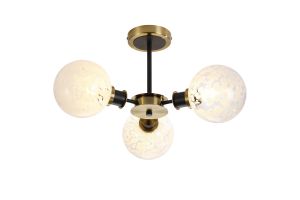 Salas Semi Ceiling, 3 Light E14 With 15cm Round Speckled Glass Shade, Brass, White & Satin Black