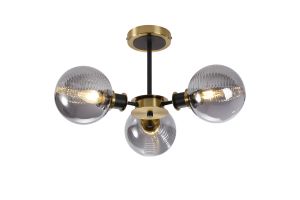 Salas Semi Ceiling, 3 Light E14 With 15cm Round Double Textured Smooth / Ribbed Glass Shade, Brass, Smoke Plated & Satin Black