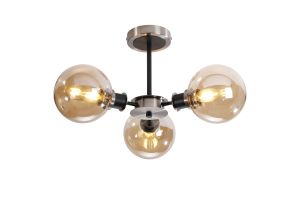 Salas Semi Ceiling, 3 Light E14 With 15cm Round Glass Shade, Satin Nickel, Amber Plated & Satin Black