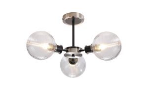 Salas Semi Ceiling, 3 Light E14 With 15cm Round Ribbed Glass Shade, Satin Nickel, Clear & Satin Black