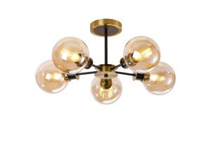 Salas Semi Ceiling, 5 Light E14 With 15cm Round Glass Shade, Brass, Amber Plated & Satin Black