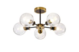 Salas Semi Ceiling, 5 Light E14 With 15cm Round Crackled Glass Shade, Brass, Clear & Satin Black
