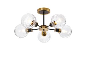 Salas Semi Ceiling, 5 Light E14 With 15cm Round Textured Melting Glass Shade, Brass, Clear & Satin Black