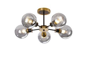 Salas Semi Ceiling, 5 Light E14 With 15cm Round Segment Glass Shade, Brass, Smoke Plated & Satin Black