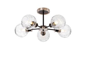 Salas Semi Ceiling, 5 Light E14 With 15cm Round Textured Melting Glass Shade, Satin Nickel, Clear & Satin Black