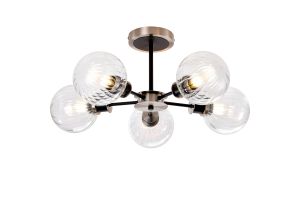 Salas Semi Ceiling, 5 Light E14 With 15cm Round Segment Glass Shade, Satin Nickel, Clear & Satin Black