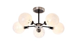 Salas Semi Ceiling, 5 Light E14 With 15cm Round Speckled Glass Shade, Satin Nickel, White & Satin Black