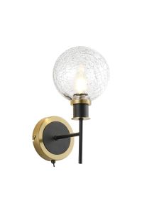 Salas Switched Wall Light, 1 Light E14 With 15cm Round Crackled Glass Shade, Brass, Clear & Satin Black