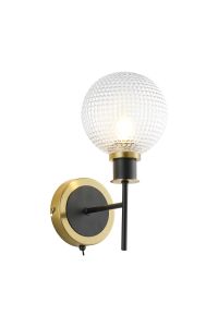 Salas Switched Wall Light, 1 Light E14 With 15cm Round Textured Diamond Pattern Glass Shade, Brass, Clear & Satin Black