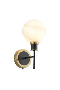 Salas Switched Wall Light, 1 Light E14 With 15cm Round White & Grey Marble Effect Glass Shade, Brass & Satin Black Framework