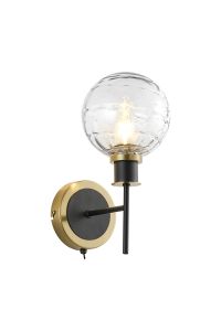 Salas Switched Wall Light, 1 Light E14 With 15cm Round Textured Melting Glass Shade, Brass, Clear & Satin Black