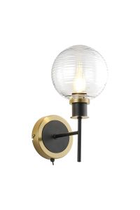 Salas Switched Wall Light, 1 Light E14 With 15cm Round Ribbed Glass Shade, Brass, Clear & Satin Black