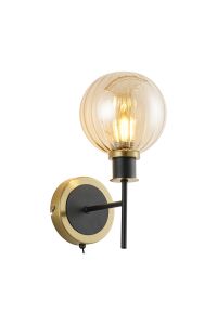 Salas Switched Wall Light, 1 Light E14 With 15cm Round Segment Glass Shade, Brass, Amber Plated & Satin Black
