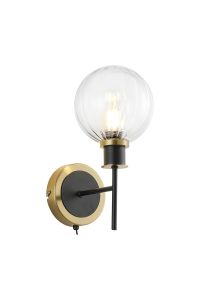 Salas Switched Wall Light, 1 Light E14 With 15cm Round Segment Glass Shade, Brass, Clear & Satin Black