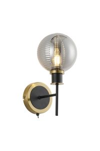Salas Switched Wall Light, 1 Light E14 With 15cm Round Double Textured Smooth / Ribbed Glass Shade, Brass, Smoke Plated & Satin Black
