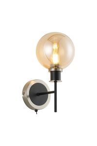 Salas Switched Wall Light, 1 Light E14 With 15cm Round Glass Shade, Satin Nickel, Amber Plated & Satin Black