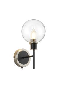 Salas Switched Wall Light, 1 Light E14 With 15cm Round Glass Shade, Satin Nickel, Clear & Satin Black