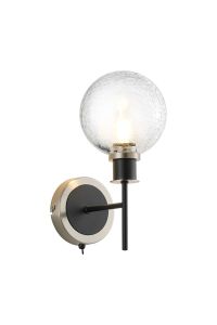 Salas Switched Wall Light, 1 Light E14 With 15cm Round Crackled Glass Shade, Satin Nickel, Clear & Satin Black