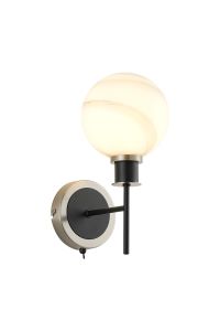 Salas Switched Wall Light, 1 Light E14 With 15cm Round White & Grey Marble Effect Glass Shade, Satin Nickel & Satin Black Framework