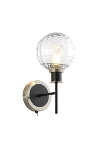Salas Switched Wall Light, 1 Light E14 With 15cm Round Textured Melting Glass Shade, Satin Nickel, Clear & Satin Black