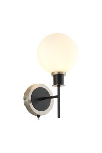 Salas Switched Wall Light, 1 Light E14 With 15cm Round Glass Shade, Satin Nickel, Opal & Satin Black