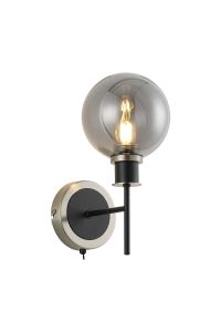 Salas Switched Wall Light, 1 Light E14 With 15cm Round Glass Shade, Satin Nickel, Smoke Plated & Satin Black