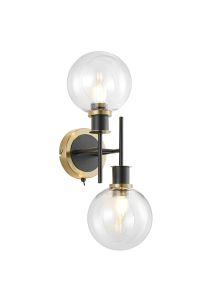 Salas Switched Wall Light, 2 Light E14 With 15cm Round Glass Shade, Brass, Clear & Satin Black