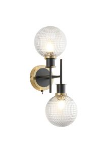 Salas Switched Wall Light, 2 Light E14 With 15cm Round Textured Diamond Pattern Glass Shade, Brass, Clear & Satin Black