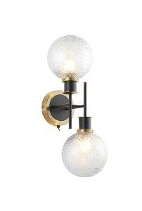 Salas Switched Wall Light, 2 Light E14 With 15cm Round Dimpled Glass Shade, Brass, Clear & Satin Black