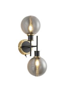 Salas Switched Wall Light, 2 Light E14 With 15cm Round Double Textured Smooth / Ribbed Glass Shade, Brass, Smoke Plated & Satin Black
