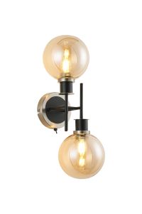 Salas Switched Wall Light, 2 Light E14 With 15cm Round Glass Shade, Satin Nickel, Amber Plated & Satin Black