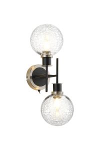 Salas Switched Wall Light, 2 Light E14 With 15cm Round Crackled Glass Shade, Satin Nickel, Clear & Satin Black