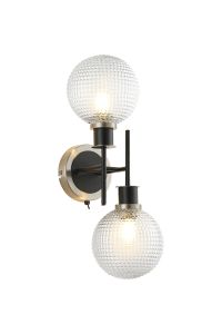 Salas Switched Wall Light, 2 Light E14 With 15cm Round Textured Diamond Pattern Glass Shade, Satin Nickel, Clear & Satin Black