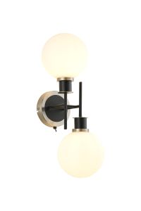 Salas Switched Wall Light, 2 Light E14 With 15cm Round Glass Shade, Satin Nickel, Opal & Satin Black