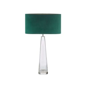 Samara 1 Light E27 Clear Glass Table Lamp With Inline Switch C/W Akavia Green Velvet Drum Shade With Self Coloured Cotton Lining