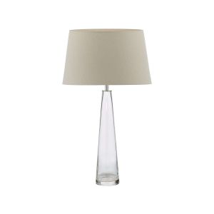 Samara 1 Light E27 Clear Glass Table Lamp With Inline Switch C/W Cezanne Taupe Faux Silk Tapered 35cm Drum Shade