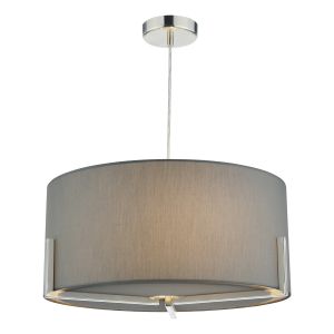 Santino 3 Light E27 Satin Chrome Adjustable Pendant With Grey Satin Cotton Shade & Matching Diffuser