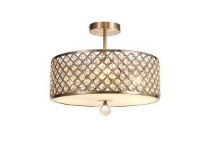 Sasha 3 Light E27, Semi Flush Light, 405mm Round, Antique Brass With Crystal Glass And Opal Glass Diffuser