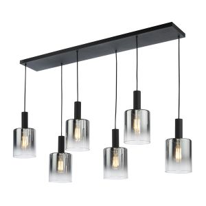 Savannah 6 Light E27 Matt Black Adjustable Linear Bar Pendant With Smoked Glass Shades